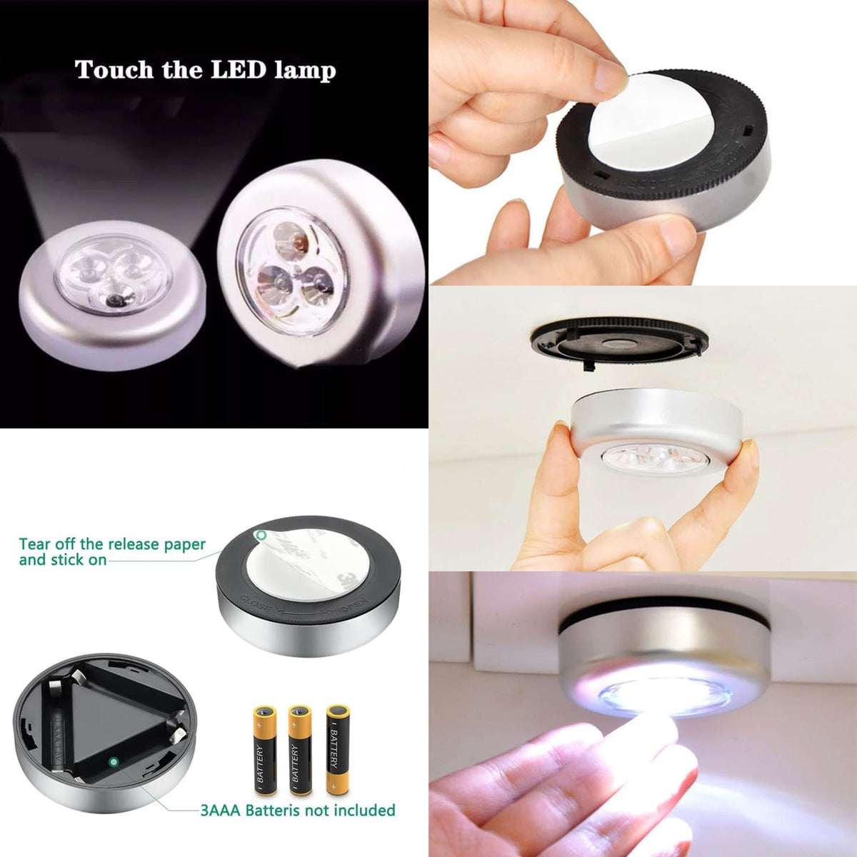 Mini LED Push Light 3 LED | Wireless Touch Sensor Stick-On Wall Light for Stairs, Cabinets & Wardrobe