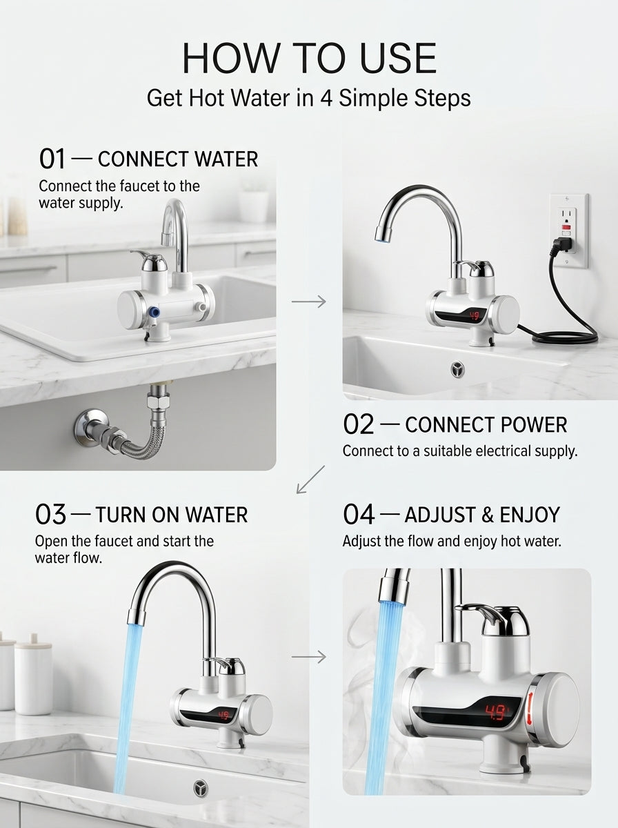 Electric Instant Water Heater Tap 2500W | Hot & Cold Water Faucet with Digital Temperature Display