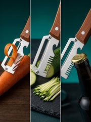 3-in-1 Stainless Steel Vegetable Peeler Knife with Wooden Handle | Multifunctional Fruit & Vegetable Slicer, Shredder & Bottle Opener