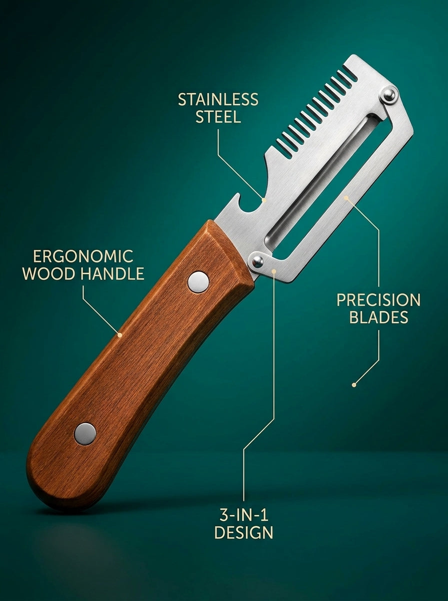 3-in-1 Stainless Steel Vegetable Peeler Knife with Wooden Handle | Multifunctional Fruit & Vegetable Slicer, Shredder & Bottle Opener