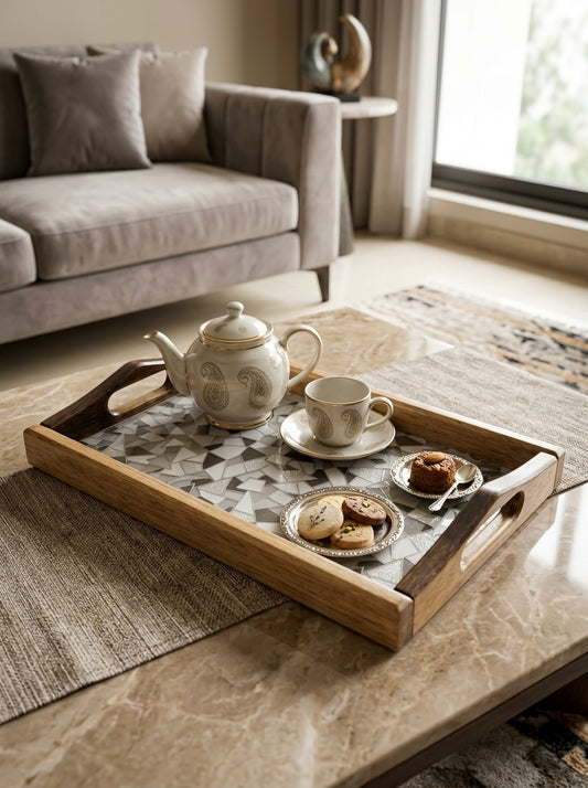 Premium Wooden & Acrylic Serving Tray – Elegant Decorative Tea, Coffee & Breakfast Tray