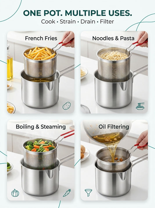 Stainless Steel Deep Fryer Pot with Strainer – Heavy-Duty Frying Pan – 1200ML Oil Capacity