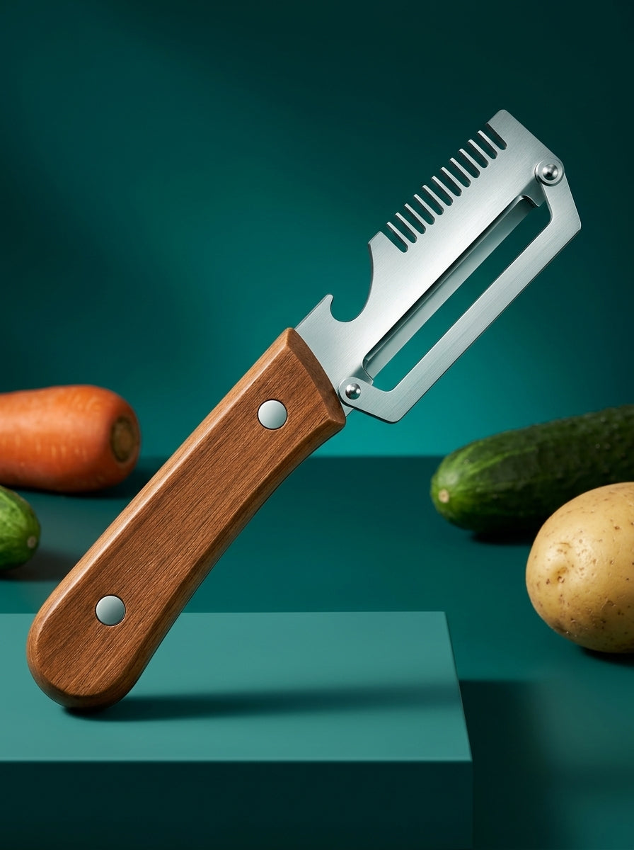 3-in-1 Stainless Steel Vegetable Peeler Knife with Wooden Handle | Multifunctional Fruit & Vegetable Slicer, Shredder & Bottle Opener