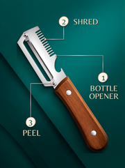 3-in-1 Stainless Steel Vegetable Peeler Knife with Wooden Handle | Multifunctional Fruit & Vegetable Slicer, Shredder & Bottle Opener